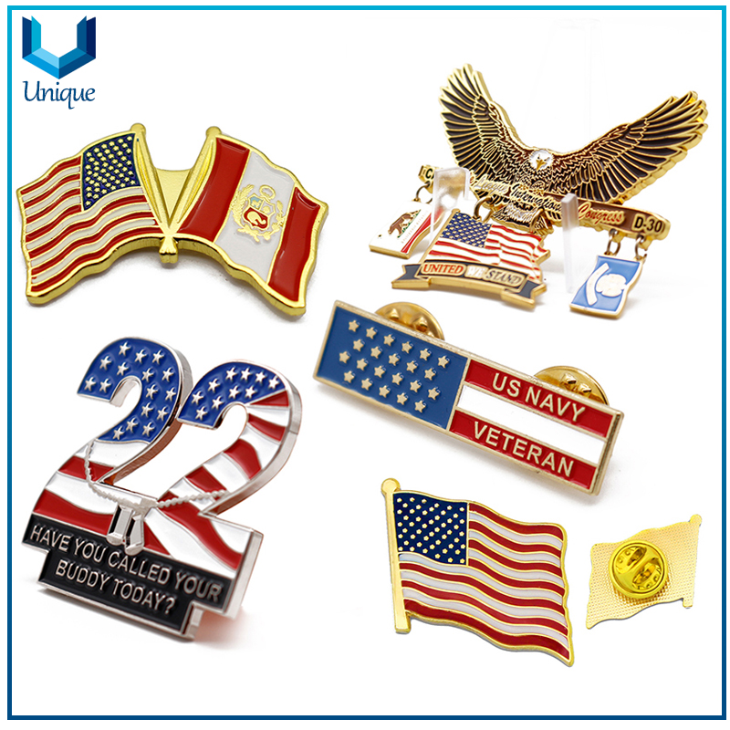 Die Struck Iron Lapel Pin, Gold Flag Pins, Enamel Dual Flag Lapel Pin
